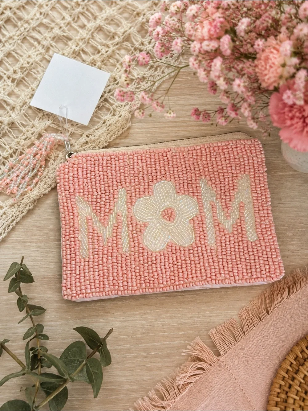 Beaded 'MOM' Pink Pouch - Stylish Accent Bag